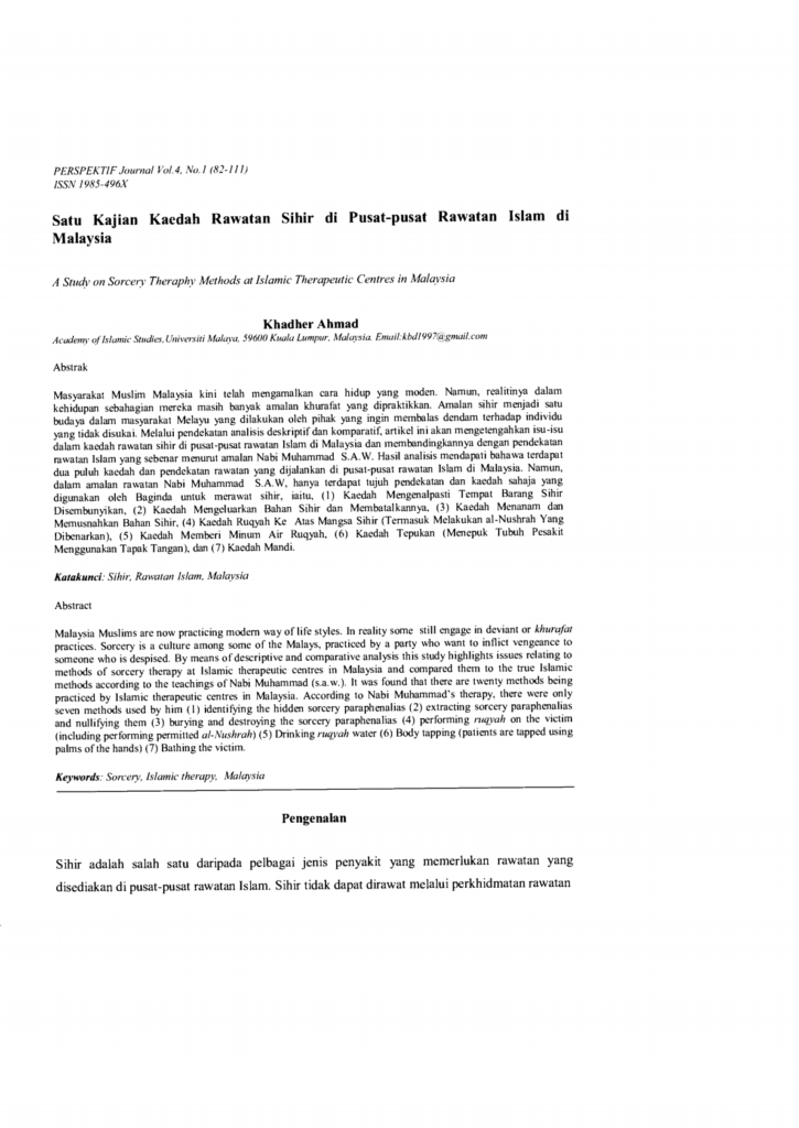 Satu Kajian Kaedah Rawatan Sihir Di Pusat Pusat Rawatan Islam Di Malaysia